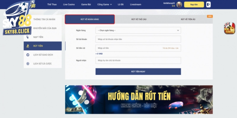 Điền chính xác thông tin để rút tiền SKY88 qua ngân hàng