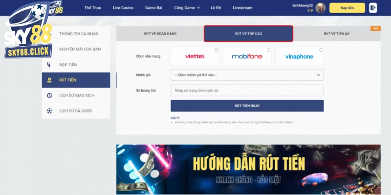 Nhập theo biểu mẫu rút tiền để đổi thưởng bằng thẻ cào